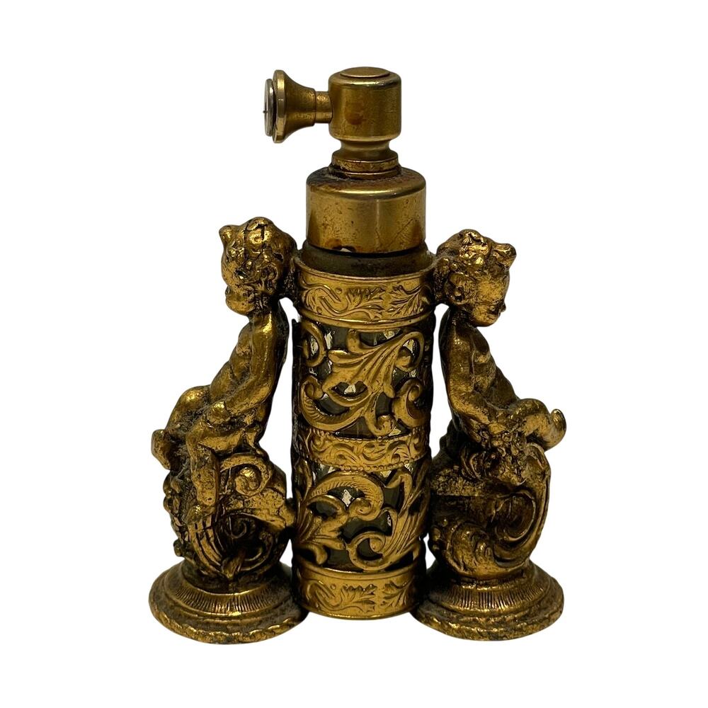 Vintage Filigree Perfume Bottle Ormolu Rococo Cherubs